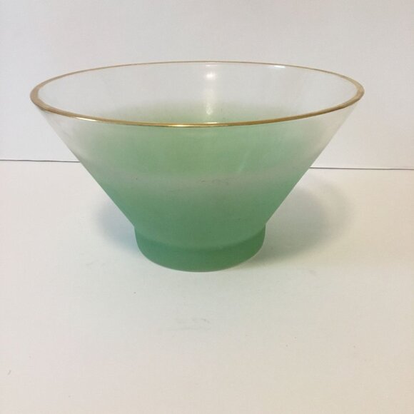VTG BLENDO Green Ombre Glass Bowl 11" Gold Rim Midcentury Modern Tapered MCM - Picture 5 of 13